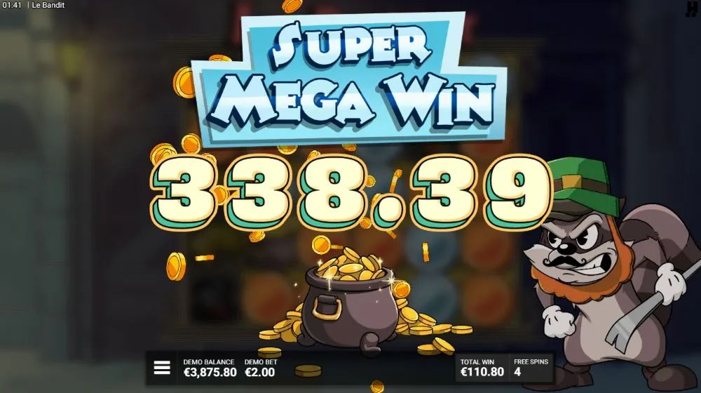 Le Bandit Super Mega Win: 338x Anzeige über einem umgekippten Pot of Gold