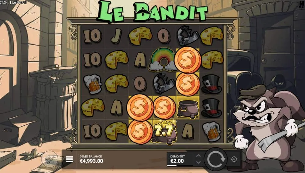 Le Bandit Slot von Hacksaw Gaming: Gold-Coins und Pot of Gold auf Golden Squares, Smokey daneben