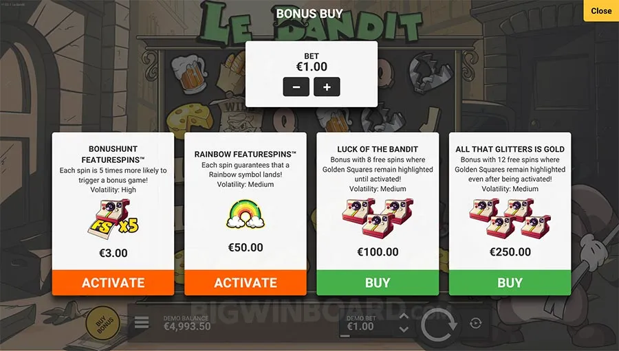 Le Bandit Feature-Buy-Menü mit vier Kaufoptionen von 3x bis 250x Einsatz