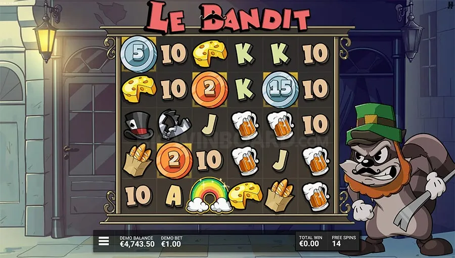 Le Bandit Freispiele: Smokey mit grünem Leprechaun-Hut neben dem Grid, Pot of Gold in Aktion