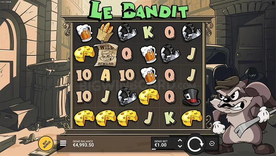 Le Bandit Basisspiel: 6×5-Grid in der sepiafarbenen Altstadtgasse, Smokey steht rechts daneben